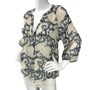 Joie Women Size XS Addie Edwardian Tapestry Printed Blouse Silk Paisley Midnight